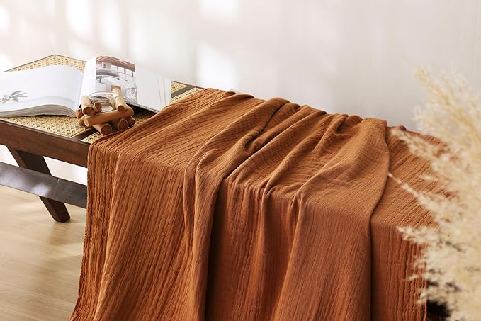 100% Cotton Muslin Throw Blanket for Bed, Couch, Travel, Luxuriously Soft, Pre-Washed, Breathable and Lightweight Gauze Blanket with Tassels, Suitable for All Seasons, Rust, 50"x60"-HomvellaHome