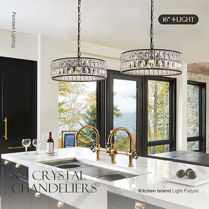 16” 4-Light Modern Crystal Chandeliers Black Dinning Room Light Fixture, Round Pendant Light Kitchen Island Chandelier, Flush Mount Ceiling Light for Living Room Entryway Bedroom Foyer-HomvellaHome