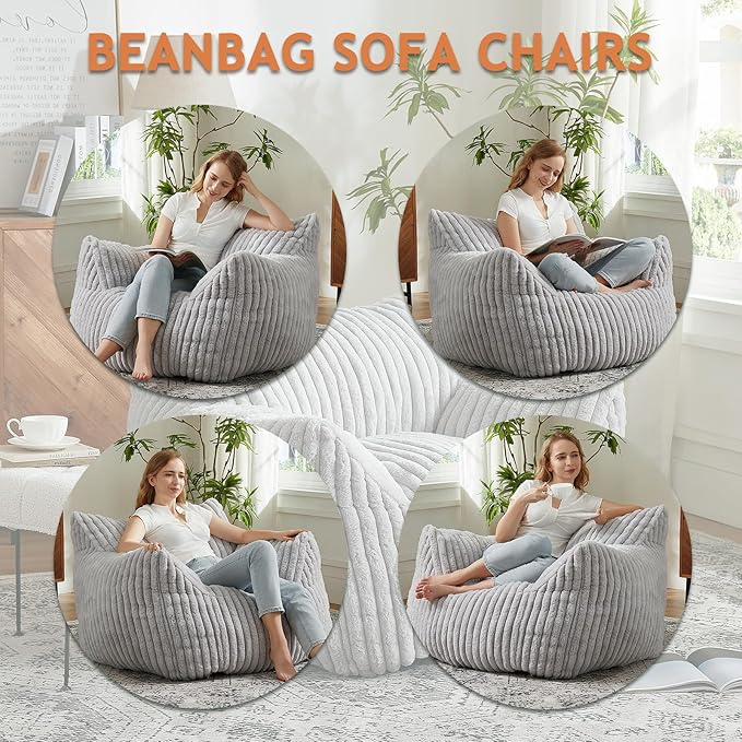 Giant Bean Bag Chairs for Adults with Filling Plush Fluffy Bean Bag Chairs for Teens with Armrests Comfy BeanBag Lazy Couch Sofa Chair for Bedroom Living Room Reading-HomvellaHome