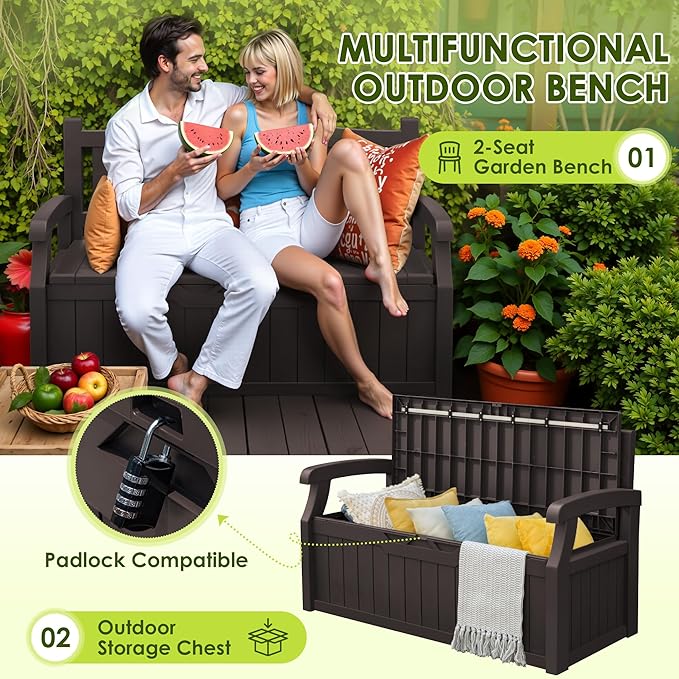 Greesum 80 Gallon Outdoor Storage Bench, Resin Patio Furniture with Armrest,Waterproof and UV-Resistant, Perfect to Garden, Poolside and Lawn, Dark Brown-HomvellaHome