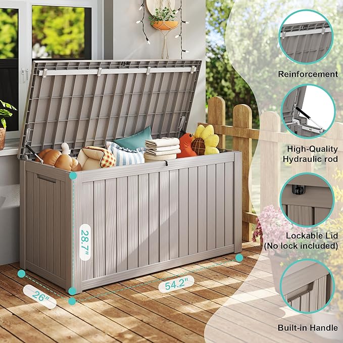 150Gal Outdoor Deck Box Waterproof, Lager Patio Storage Box Indoor and Outdoor Use, Lockable Resin Storage Bin for Patio Furniture Cushions Garden Tools, Package Delivery,UV Resistant-Grey-HomvellaHome