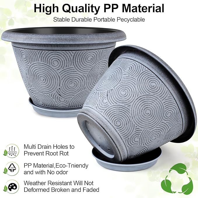 10 Inch Flower Pots Planters for Indoor Outdoor Plants, 3 Pack Plastic Large Plant Pots with Drainage Hole & Tray, Modern Decorative Garden Pot with Saucer, Plant Container for House-HomvellaHome