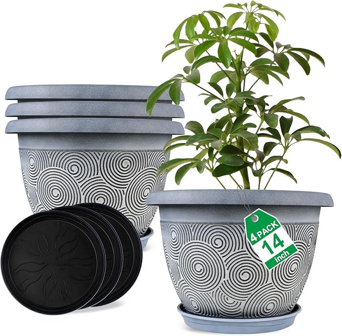 14 Inch Large Planter Pot for Plants Indoor Outdoor, 4 Pack Plastic Flower Pots with Drainage Hole & Tray, Modern Decorative Garden Pot with Saucer, Plant Container for House-HomvellaHome