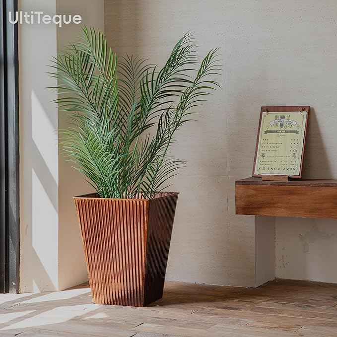 18in Vintage Handmade Metal Vertical Lines Copper Tapered Planters Set of 2, Galvanized Steel Planter Box with Drainage Hole for Indoor/Outdoor/Porch/Garden-HomvellaHome