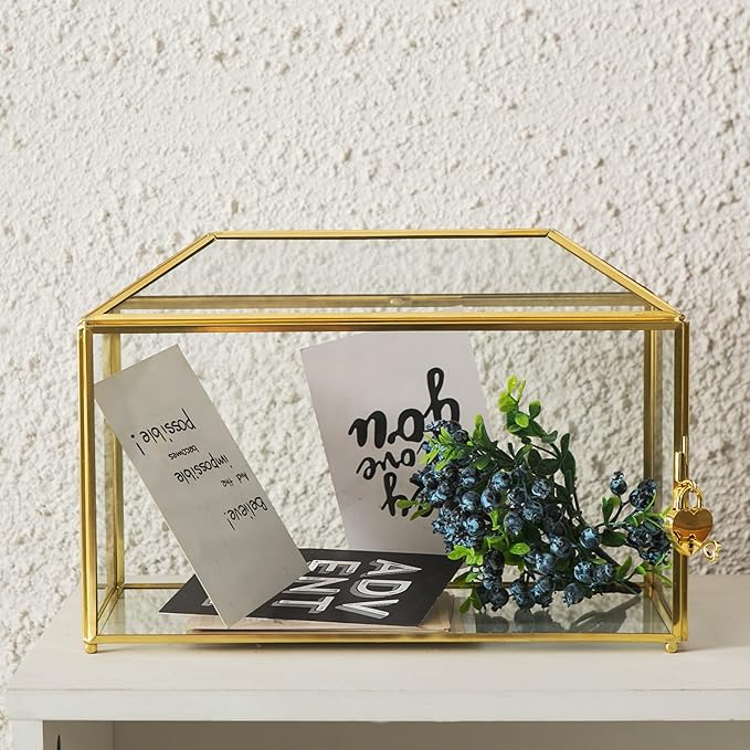 Glass Wedding Card Box with Slot, 12.6 inch Large Clear Card Box Gold Brass Gift Card Storage Box with Lock for Wedding Receptions, Baby Shower, Birthday Party, Bridal Shower-HomvellaHome