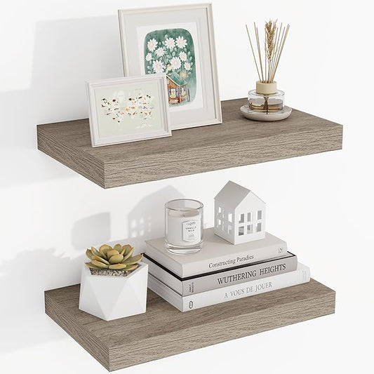 16 Inch Floating Shelves, 3D Textured Wood Grain, 16"x9.25"x1.5" Inch Deep Floating Shelves for Wall, Wooden Shelves for Bathroom, Bedroom, Living Room, Vintage Gray Oak-HomvellaHome