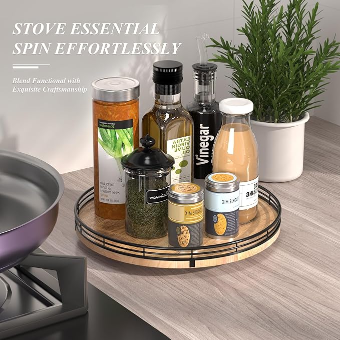 12" Lazy Susan Oak Wood Turntable Organizer for Cabinet, Farmhouse Round Wooden Lazy Susan Organization and Storage for Dining Table, Pantry, Kitchen, Bathroom, Countertop, Cupboard, Home Decor-HomvellaHome