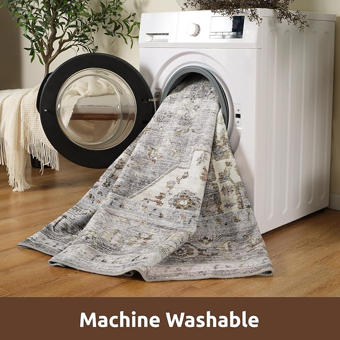 AMOAMI-6FT Round Rug-Rugs for Living Room-Vintage Soft Grey Rugs for Bedroom-Non Slip Circle Rug-Machine Washable Rug for Dining Room Living Room Bedroom Office Under Table-HomvellaHome