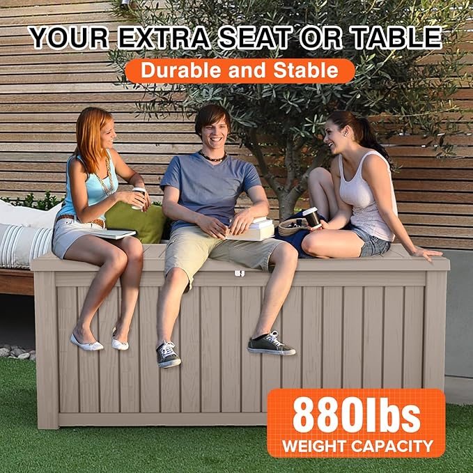 150 Gallon Outdoor Storage Cabinet, Large Outdoor Storage Box for Patio Furniture Covers, Cushion Pillows, Waterproof Deck Box with Lockable Lid for Garden Tools, Pool Accessories, Taupe-HomvellaHome