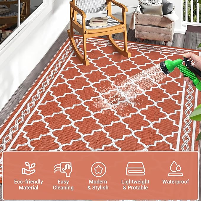 GAOMON Reversible Outdoor Rug 9'x18' Waterproof Plastic Straw Rug, Patio Rug, Large Modern Area Rug Carpet, Indoor Outdoor Rugs for Camping, Porch, Deck, Balcony, Backyard, Orange/White(Geometric)-HomvellaHome