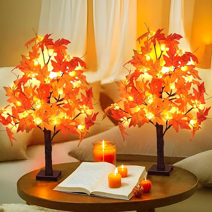 2 Pack 24 Inch Prelit Fall Maple Tree Fall Decor with 48 LEDs Timer Battery Operated Artificial Fall Light Up Tree Maple Acorn for Fall Thanksgiving Decorations Table Home Office Indoor Autumn Harvest-HomvellaHome