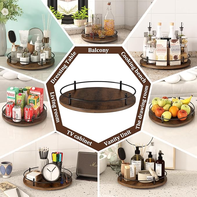 12" Lazy Susan Turntable Organizer,Round Wooden Lazy Susan Organization and Rotating Spice Rack for Dining Table,Pantry,Kitchen Countertop,Vanity,Cupboard and More.Vintage Wood(Round)-HomvellaHome