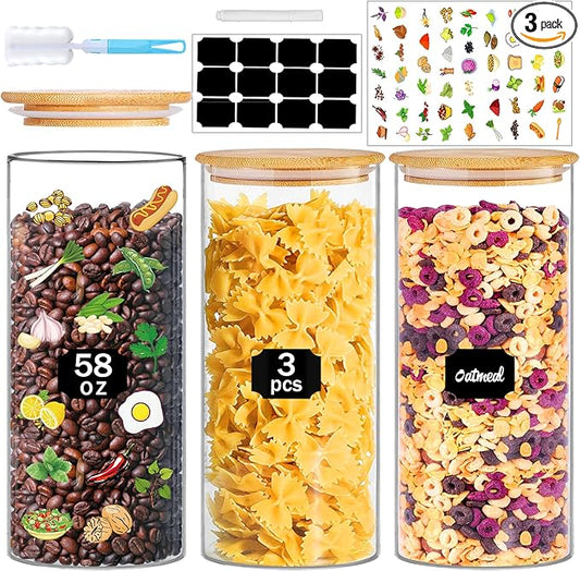 Glass Jars with Bamboo Lids, 58 oz 3 Pcs Kitchen Glass Containers with Bamboo Lids, Airtight Glass Pantry Storage Containers with Lids for Rice, Flour, Nuts, Cookie, Pasta, Oatmeal, Bean-HomvellaHome