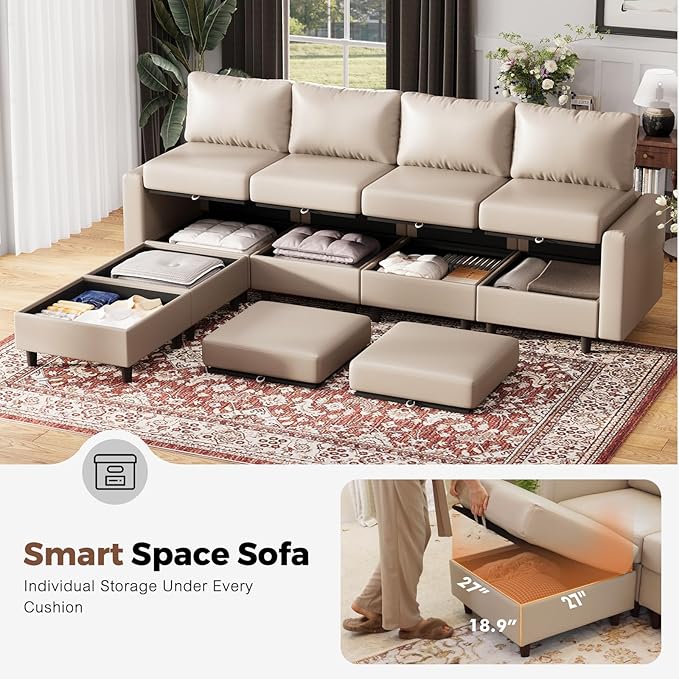 118.5" Faux Leather Modular Sectional Sofa, 7 Seater U Shaped Couch with Storage Seat with Reversible Chaise Deep Seat for Living Room Whitesand-HomvellaHome