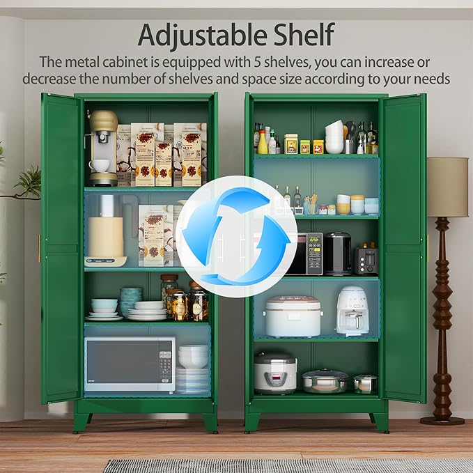 Green Metal Storage Cabinet,75" Steel Cabinets for Home Office, Kitchen Pantry Storage Cabinet with Doors and 5 Adjustable Shelves, Tool Cabinets, for Office, Home, Garage, School-HomvellaHome