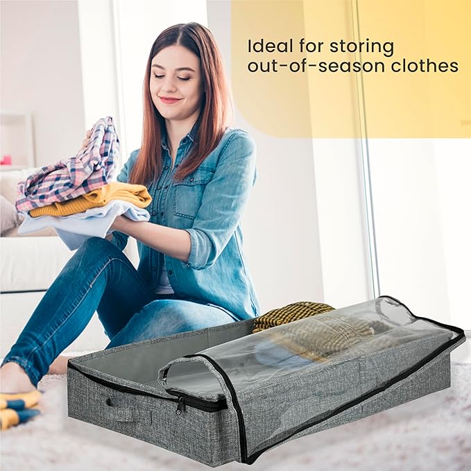 Gray Low Profile Under Bed Storage Containers 5 inches high, 33.8"x 17.7"x 5.1", Sturdy Underbed Shoe Storage Organizer, Foldable Fabric Under the Bed Storage Bins - Pack of 2-HomvellaHome