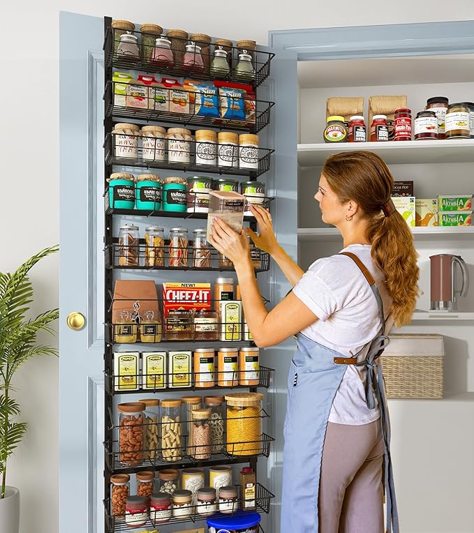 10-Tier Over The Door Pantry Organizer, Pantry Organization and Storage, Black Metal Hanging Adjustable Basket, Wall Spice Rack Seasoning Shelves, Home & Kitchen Essentials-HomvellaHome