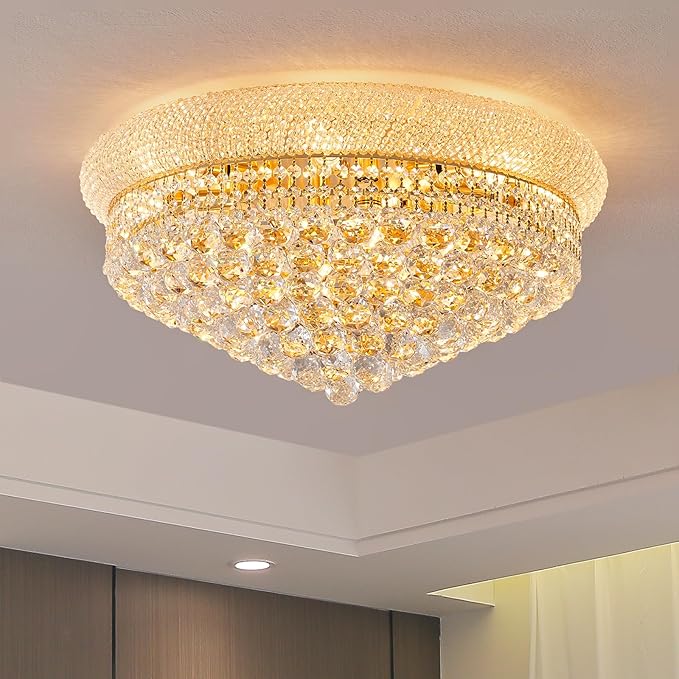 12-Light Crystal Flush Mount Chandelier Ceiling Light Fixture for Living Room Dining Room Bedroom Foyer Entryway Hallway Closet Bathroom (Gold D24)-HomvellaHome