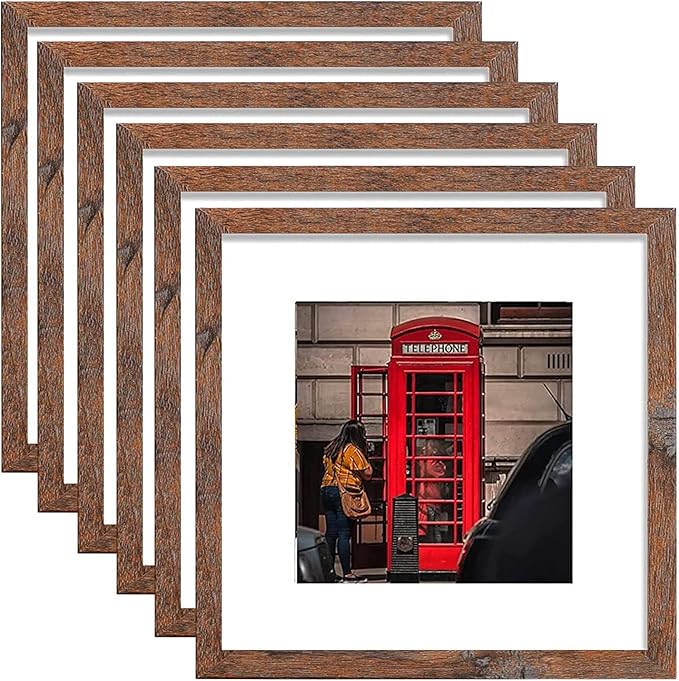 12x12 Picture Frame Set of 6, Display Pictures 8x8 with Mat or 12x12 Without Mat for Wall Mounting,Rustic Brown-HomvellaHome