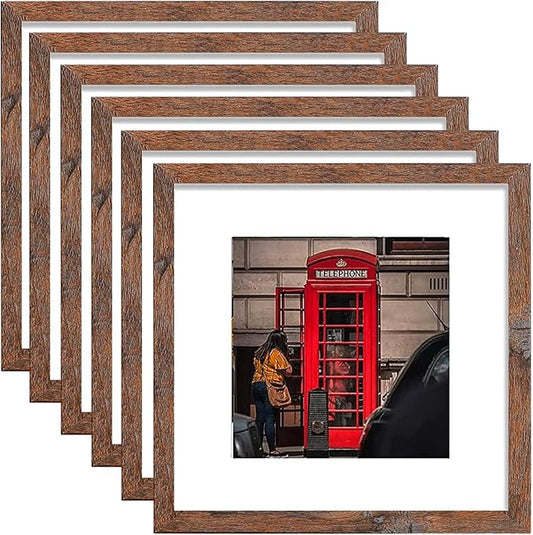 12x12 Picture Frame Set of 6, Display Pictures 8x8 with Mat or 12x12 Without Mat for Wall Mounting,Rustic Brown-HomvellaHome