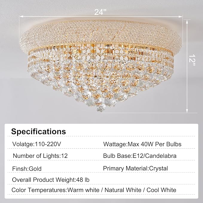 12-Light Crystal Flush Mount Chandelier Ceiling Light Fixture for Living Room Dining Room Bedroom Foyer Entryway Hallway Closet Bathroom (Gold D24)-HomvellaHome