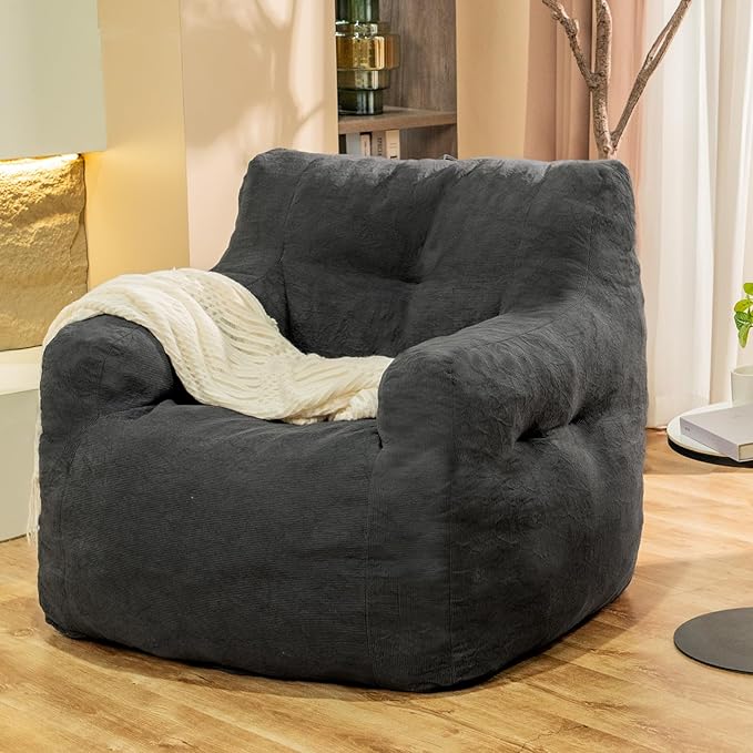 Giant Bean Bag Chair, Large Bean Bag Chair for Adults, Fluffy and Comfy Bean Bag Chair with Filler, Big Bean Bag Sofa Chair for Reading, Stuffed High-Density Foam, Grey-HomvellaHome