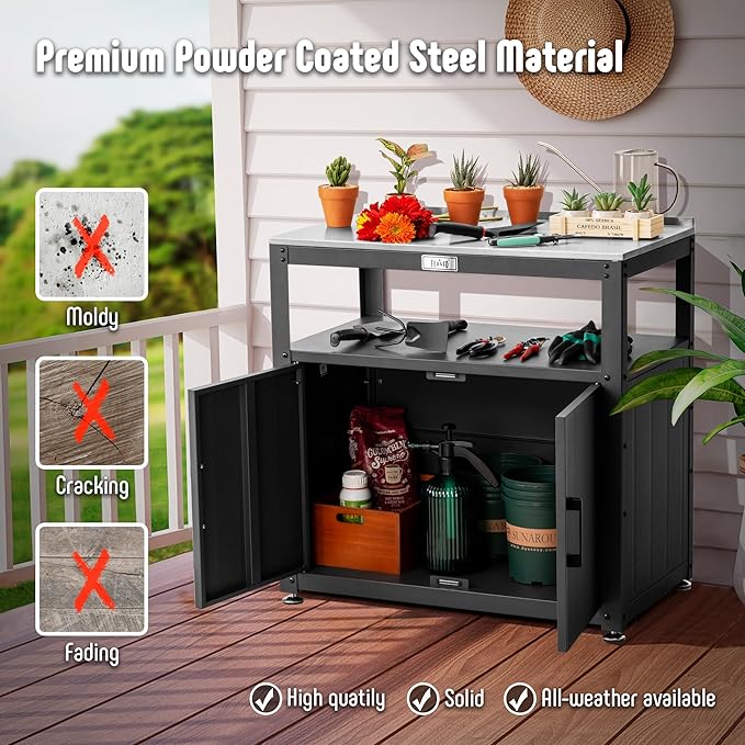 Garden Potting Bench with Storage Cabinet,Outdoor Gardening Table & Work Bench for Plants, Horticulture,Outdoor Workstation with Stainless Steel Tabletop,Outdoor Work Table-HomvellaHome