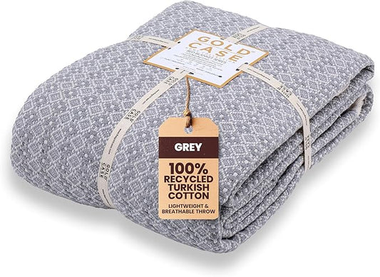 Gold Case Throw Blanket for Bed – 100% Recycled Turkish Cotton Bed Blanket – Decorative Throw Cotton Blankets for Living Room & Bedroom – Retro Grey Woven Queen Blankets – 90x90-HomvellaHome