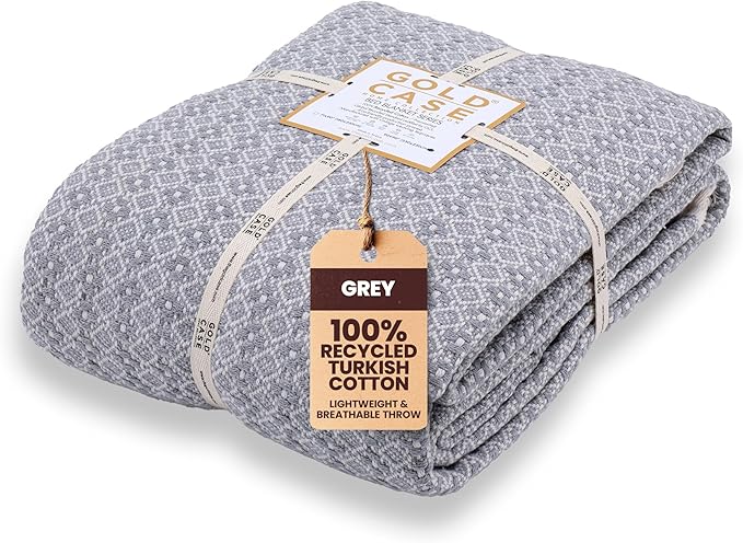 Gold Case Throw Blanket for Bed – 100% Recycled Turkish Cotton Bed Blanket – Decorative Throw Cotton Blankets for Living Room & Bedroom – Woven Twin Blankets - 71x90 - Grey-HomvellaHome