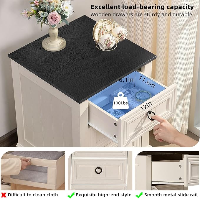 18" Farmhouse Night Stand with 3 Drawers, Wood End Table Dresser for Bedroom, White Nightstand, Bed Side Table with Metal Handle, Bedside Cabinet for Bedroom Living Room, Closet-HomvellaHome