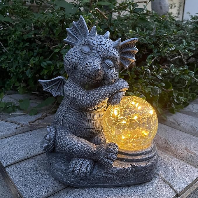 Garden Dragon Figurine Solar Powered Outdoor Cute Dragon with Hold Glowing Glass Ball Resin Sculpture for Porch Patio Lawn Farm Yard Home Decoration Gift for Women Housewarming-HomvellaHome