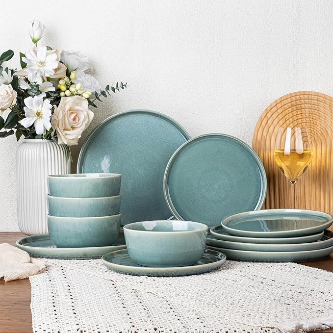 GBHOME Ceramic Dinnerware Sets for 4, 12 Pieces Stoneware Plates and Bowls Sets, Scratch Resistant Dishes, Dishwasher & Microwave Safe, Reactive Glaze-Malachite Green-HomvellaHome
