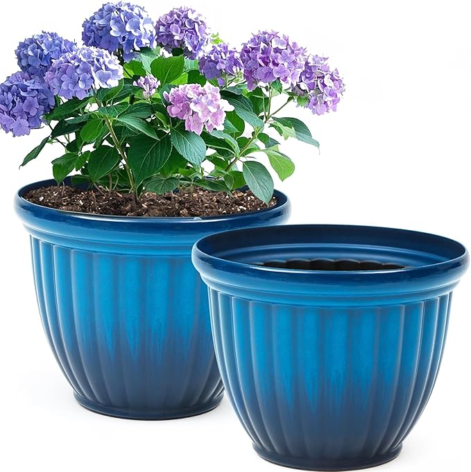15" H Large Flower Pots, Set of 2 Plastic Planters for Outdoor Plants with Gradient Blue Finish and 3D Textures, Weather-Resistant for Porch, Garden, Patio or Indoor Use-HomvellaHome