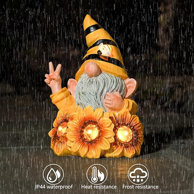 Garden Sculptures & Statues Resin Summer Bee Gnome with Sunflower, Outdoor Funny Decoration Solar Light Figurine Gifts for Yard, Patio Decor for Mom-HomvellaHome