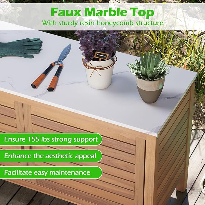 Goplus Patio Storage Cabinet, 2-Door Acacia Wood Storage Container with Faux Marble Top, Outdoor Wooden Sideboard for Deck, Garden, Lawn and Backyard-HomvellaHome