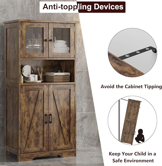 GarveeHome 54in Tall Bathroom Cabinet, Farmhouse Storage Cabinet with Glass Doors and Adjustable Shelves, Freestanding Kitchen Pantry Cabinets, Cupboard for Living Room, Dining Room, Rustic Brown-HomvellaHome