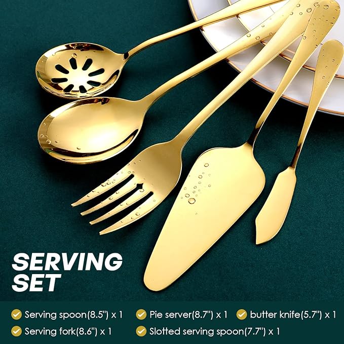 Gold Silverware Set for 8, OGORI 45-Piece Stainless Steel Flatware Set with Serving Set, Mirror Polished Cutlery Set with Serving Utensils Spoon for Kitchen Party Supply-HomvellaHome