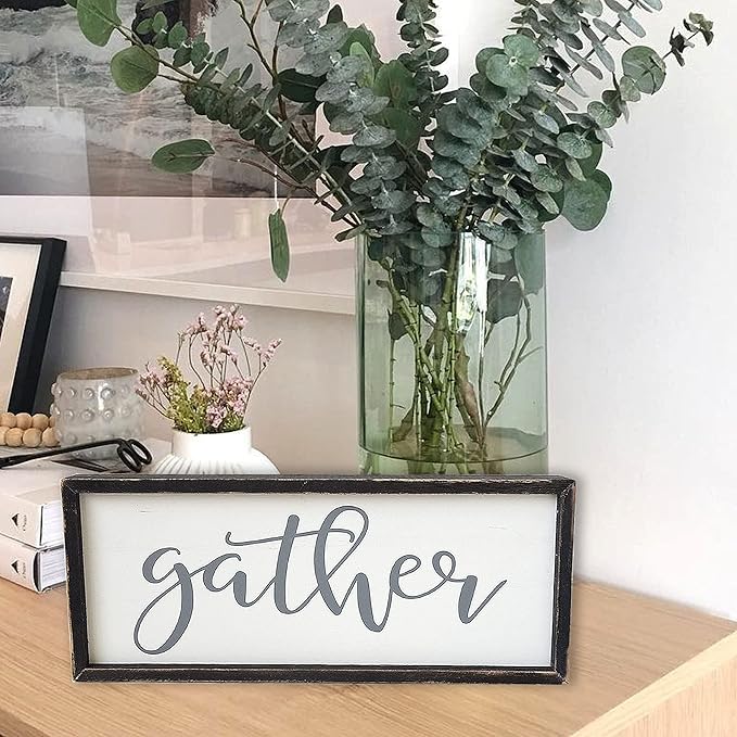 Gather Sign for Home Decor in Grey - Farmhouse Kitchen Dining Room Wall Decor - Rustic Wall Decoration Solid Wood Thick Black Frame 12x5 Inches-HomvellaHome