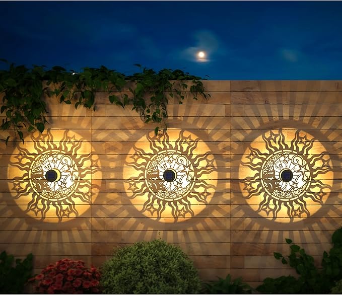2 Pack Solar Fence Lights Metal Solar Powered Outdoor Wall Deck Lights Sun Moon Theme Waterproof Fence Light for Garden Post Patio Backyard Yard Decor (Face, 2 Pack)-HomvellaHome