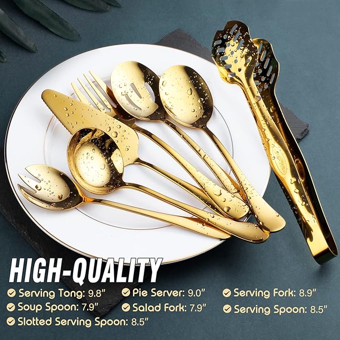 Gold Serving Utensils, OGORI 10-Piece Polished Stainless Steel Gold Serving Utensils Set Include Serving Spoons, Slotted Serving Spoon, Serving Tongs, Serving Fork, Salad Fork, Soup Ladle, Pie Server-HomvellaHome