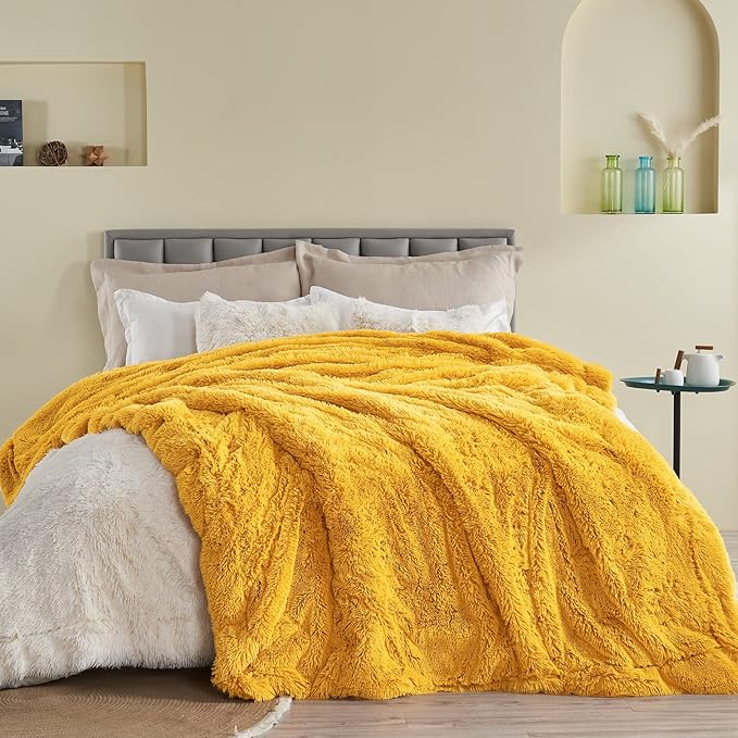GONAAP Fuzzy Faux Fur Throw Blanket Twin Size Mustard Yellow Super Soft Cozy Plush Fuzzy Shaggy Blanket for Couch Sofa Bed (Mustard Yellow, Twin(60"x80"))-HomvellaHome
