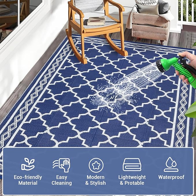 GAOMON Outdoor Rug for Patio 5'x8' Reversible Plastic Rugs Camping Mat for Outdoor, RV, Backyard, Deck, Balcony, Picnic, Beach, Navy/White(Geometric)-HomvellaHome