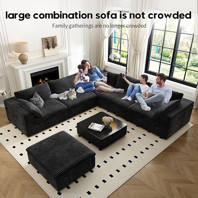 118" Cloud Couch Oversized Modular Sectional Sofa for Living Room,Modern Sofa with Deep Seat，6 Seater Boneless Couch,Comfy Upholstered Corduroy Couches for Apartment, Studio, Office,Bedroom，Black-HomvellaHome