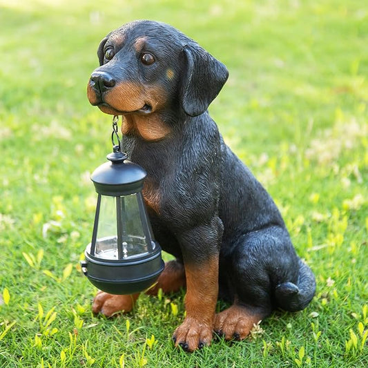 Garden Dog Statues Outdoor Decor, 13" Solar Powered LED Lights Outdoor Statue Garden Decorations Rottweiler Figurine for Patio, Lawn, Yard Art Decoration, Housewarming Garden Gift-HomvellaHome