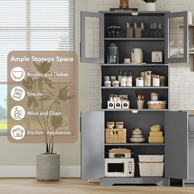 GarveeHome 67" Tall Storage Cabinet, Tall Bathroom Cabinet with Glass Doors and Adjustable Shelves, Freestanding Kitchen Pantry Cabinets, Cupboard for Living Room, Dining Room, Gray-HomvellaHome
