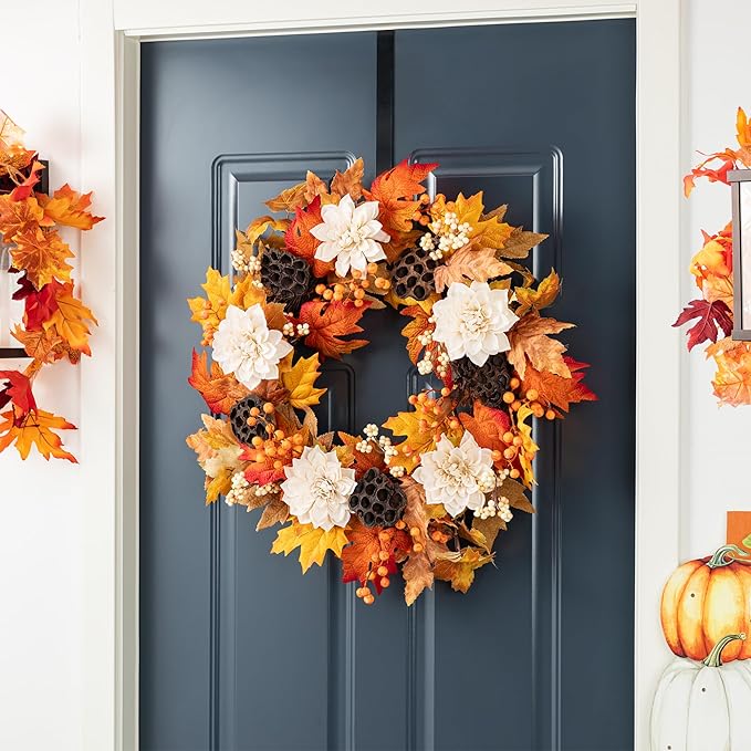 Glitzhome 24" D Fall Sorghum Wreath with Metal Hanger, Harvest Wreath for Front Door, Fall Door Wreaths for Indoor Outdoor Thanksgiving Harvest Holiday Decorations-HomvellaHome