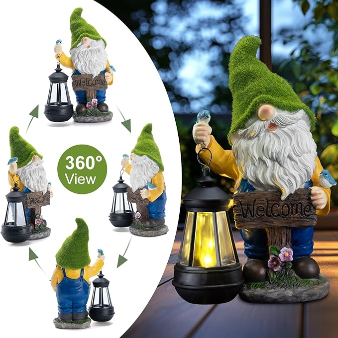 Garden Gnome Outdoor Statues with Solar Lights,Resin Flocked Solar Gnome Statue Holding Lantern,Outdoor Gnomes Decorations for Garden, Patio Gnome Gifts for Mom-HomvellaHome