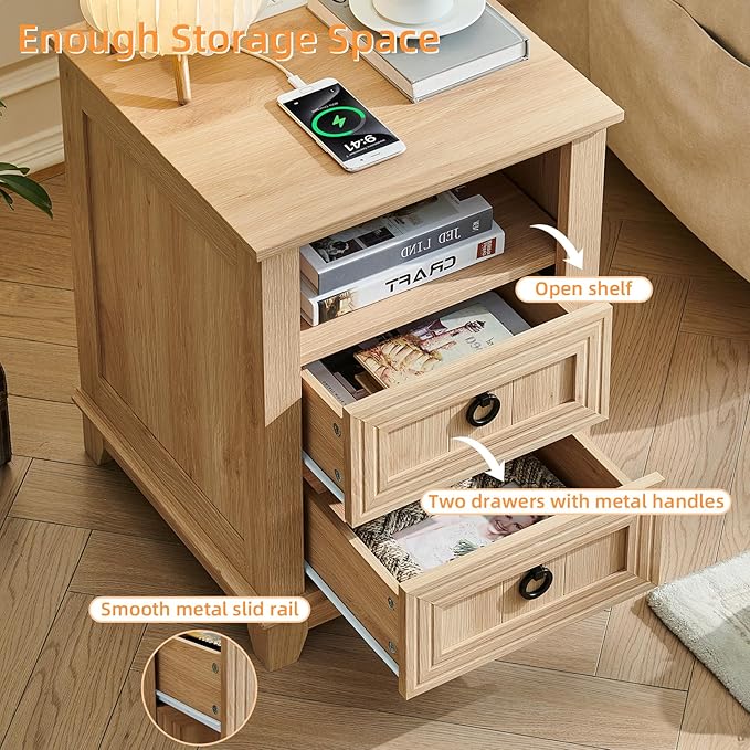 18" Farmhouse Night Stands Set of 2 with Charging Station, 2 Drawers Bedside End Table, Natural Wooden Nightstand, Bed Side Table Cabinet with Open Shelf for Bedroom Living Room Office-HomvellaHome