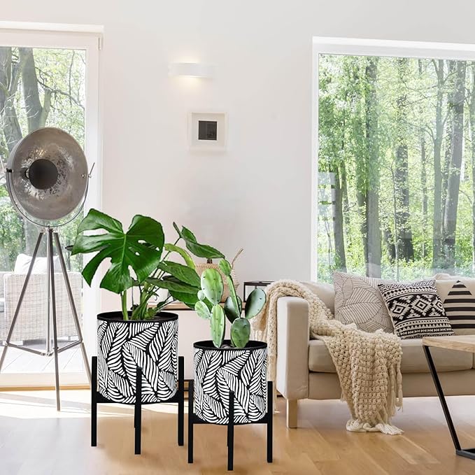 10 & 12 Inches Plant Pot with Stand Set of 2, Decorative Palm Leaves Printing Planter with Holder, Garden Pot for Snake Plant, Monstera, Houseplants - Indoor Outdoor Flower Pots with Drainage Holes-HomvellaHome