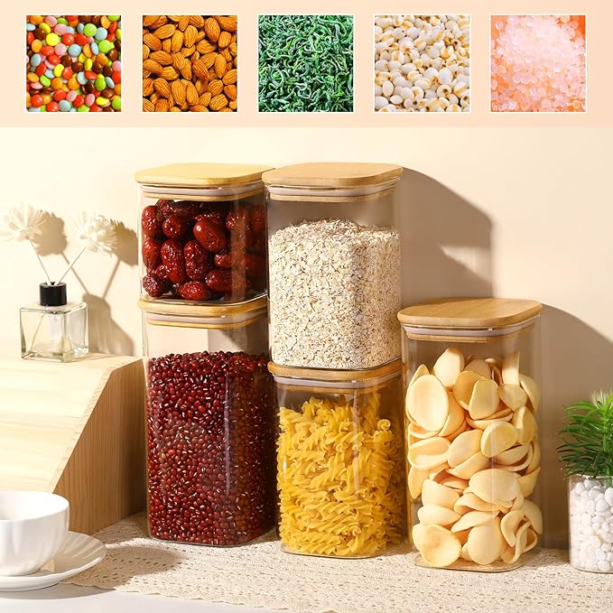 Glass Food Storage Jars with Lids(24oz/37oz/50oz)Square Set of 6 ,Glass Storage Containers Clear Glass Food Canister with Bamboo Lid Airtight For Serving Tea, Coffee Beans, Candy,Spice and More-HomvellaHome